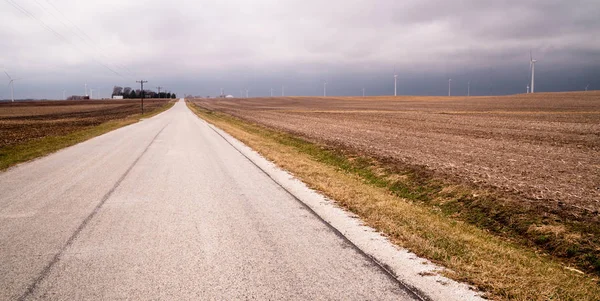 Side Road Harvested Field Farm Agriculture Wind Turbines — Stock Photo, Image