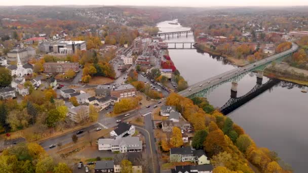 Capitol City River Augusta Maine Autumn Season Aerial — Stock Video