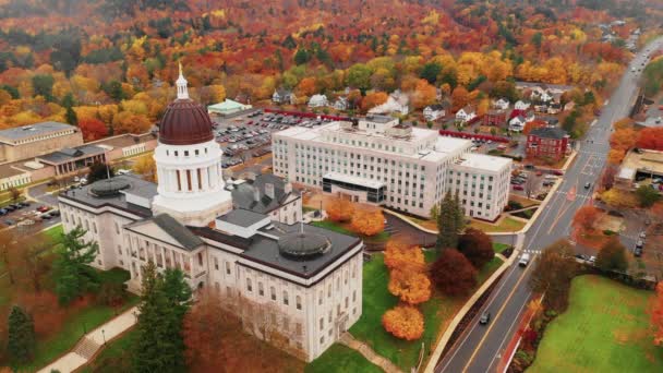 Capitol Building State House Augusta Maine Autumn Season Aerial — Stock Video