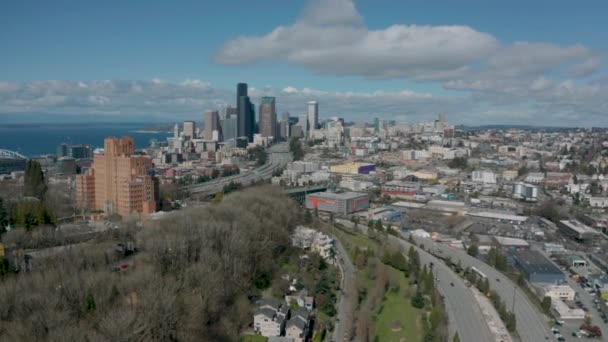 Aerial Seattle Skyline Puget Sound — Stock Video