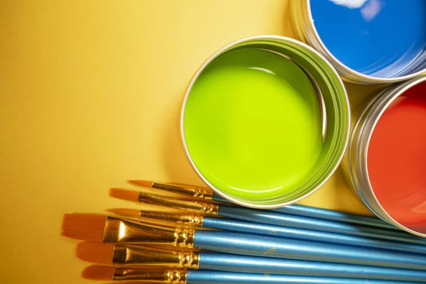 Primary Colors Acrylic Paint Metal Tins Still Life Art Supply — Stock Photo, Image