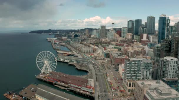 Seattle Waterfront Pier Puget Sound Rush Hour Innenstadt Skyline — Stockvideo