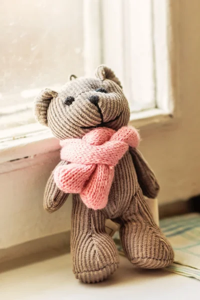Urso de pelúcia cinza com cachecol rosa — Fotografia de Stock