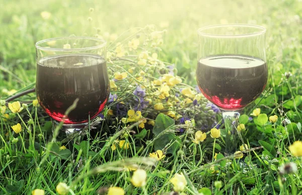 Красное вино в двух стаканах в траве — стоковое фото