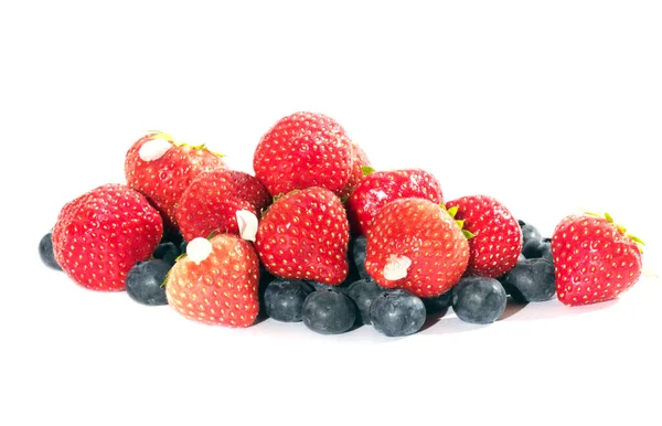 Red Ripe Strawberries Blueberries Isolated White — Stock Photo, Image