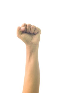 Adam yumruk protesto beyaz background.concept üzerinde izole