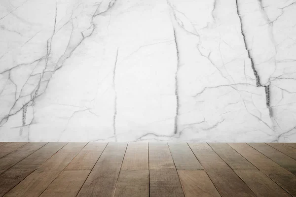 Bílé pozadí od textuře mramoru kamenný s dřevěnou podlahou pro design, prázdné dřevěný stůl pro vystavení zboží — Stock fotografie