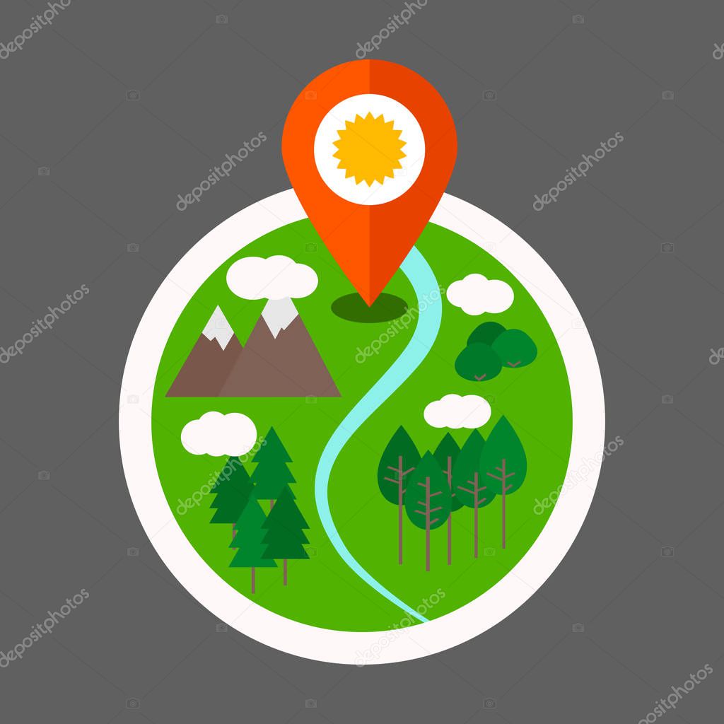 Eco tourism vector logo with summer nature landscape and map pin