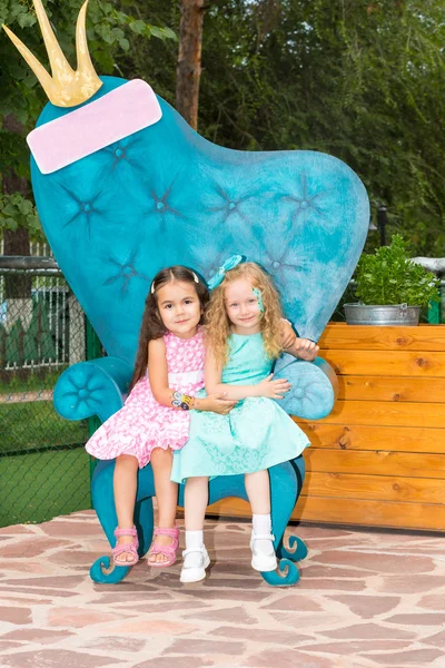 Two girlfriends. Adorable little children on happy birthday. Kid in park — Stock Photo, Image