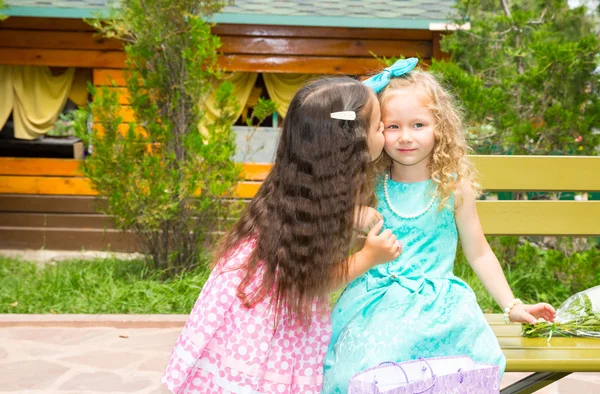 Two girlfriends. Adorable little children on happy birthday. Kid in park — Stock Photo, Image