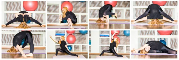 Mulher fazendo ioga exercício e pilates posar no tapete no ginásio. Asana. O conceito de esporte, fitness, treinamento e saúde — Fotografia de Stock