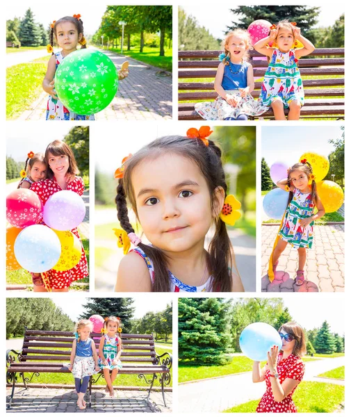 Collage of happy mom and child girl hugging. The concept of childhood and family. Beautiful Mother and her baby outdoor — Stock Photo, Image