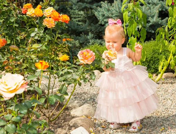 Glad söt flicka kid fira sin födelsedag rose inredning i vacker trädgård. Positiva mänskliga känslor känslor glädje. — Stockfoto