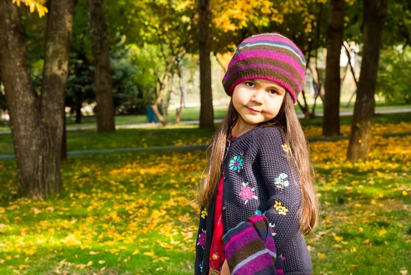 Podzimní portrét krásné kazašské, Asijské dítě. Šťastná holčička s listy v parku na podzim. — Stock fotografie