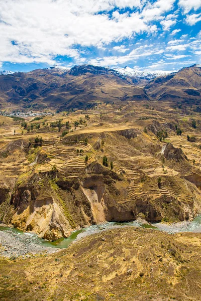 Cañón del Colca, Perú, América del Sur. Incas para construir terrazas agrícolas con estanque y acantilado. Uno de los cañones más profundos del mundo —  Fotos de Stock