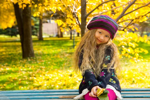 Güzel çocuk sonbahar portresi. Mutlu küçük kız parkta güz yaprakları ile. — Stok fotoğraf