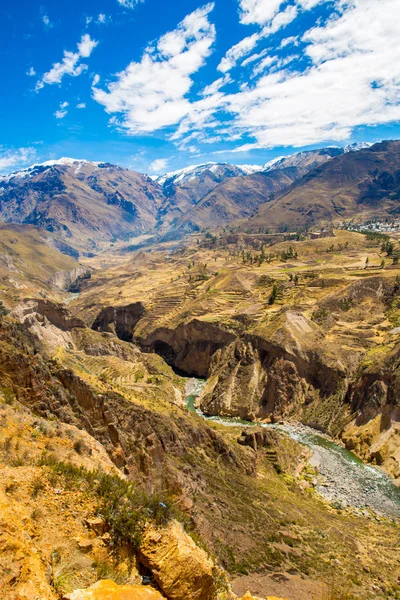 コルカ渓谷、ペルー、南アメリカ。インカ帝国農業段丘崖と池を構築します。世界で最も深い峡谷の 1 つ — ストック写真