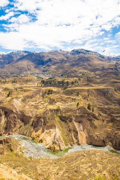 Colca canyon, peru, Zuid-Amerika. Inca's te bouwen landbouw terrassen met vijver en klif. een van de diepste ravijnen in de wereld — Stockfoto