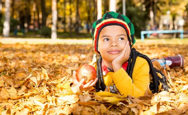 Autumn portrait of African American beautiful child. Happy little black boy with leaves in the park in fall. — Stock Photo, Image