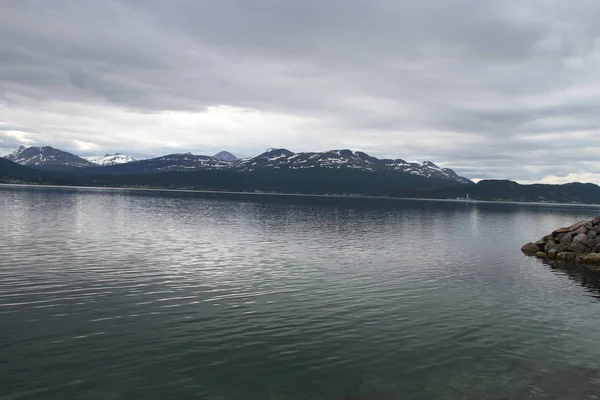 Pulau Kvaloya Dan Senja Norwegia Pegunungan Danau Fjord — Stok Foto
