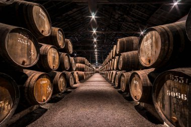 Vila Nova de Gaia, Porto, Portekiz - 22 Kasım 2019: Taylors Port Wine Cellar. Şarapla dolu fıçılar, bu ürünü depolamak için özel bir binada dizilmiş. Taylors en eski liman evlerinden biridir.