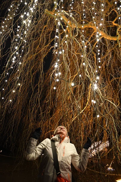 Büyük Söğüt Ağacının Dallarının Altında Asılı Genç Bir Kadın Gece — Stok fotoğraf