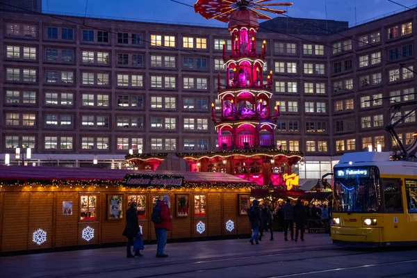 Catholic Nativity Carousel Alexanderplatz Square Wooden Stalls Christmas Market Yellow — Stock Photo, Image
