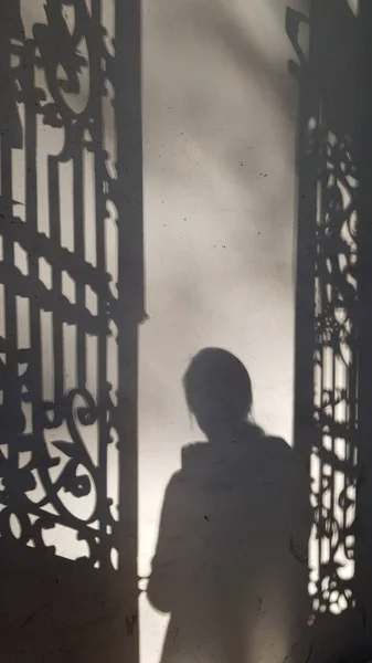 Shadow Female Silhouette Unrecognizable Woman Standing Patterned Shadows Ornate Forged — Stock Photo, Image