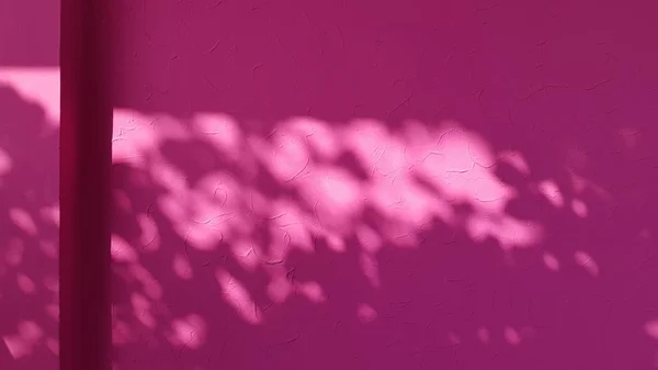 明るい日差しの中で鮮やかな色のピンク色のスタッコ壁に葉の影のぼやけた汚れ 木の抽象的な背景は 建物の角近くのテクスチャ石膏壁の表面に影を残します 抽象的な背景 光と影 影のパターン — ストック写真