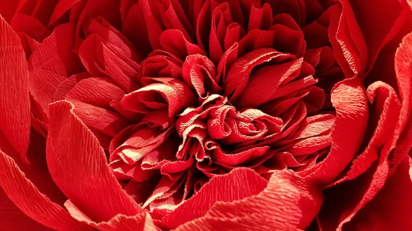 Bright lush peony flower made from crepe paper. Paper peony petals closeup. Red bloom Valentine Day background. Romantic love decorations. Wedding bouquet decor. Abstract backdrop in shades of red