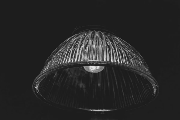 Black White Photography Vintage Ornate Glass Lampshade Closeup Black Background — Stock Photo, Image