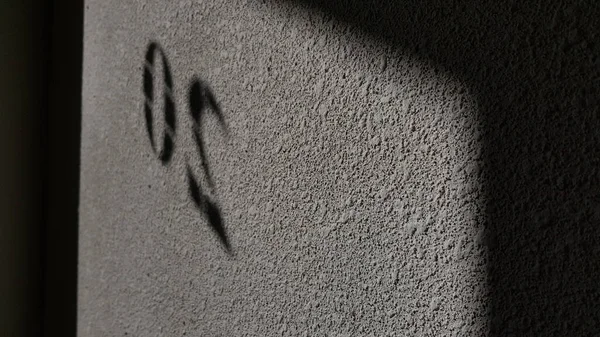 Defocused and distorted shadow silhouettes of number twenty symbols on textured wall surface of cement grey color background with copy space. Monochrome backdrop with figures two and zero.