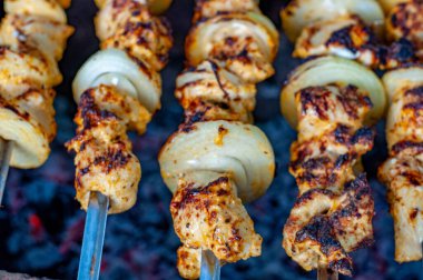 Sıcak bbq piknik yemeklerine yakın çekim. Lezzetli kızarmış tavuk şiş kebap ve taze beyaz soğan. Izgara tavuk şiş için yumuşak odak.