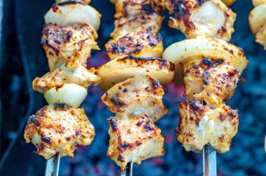 Kızarmış ev yapımı tavuk şiş kebabı ve taze soğanlı mangal kömürü. Arka planda ızgara tavuk eti şişleri..