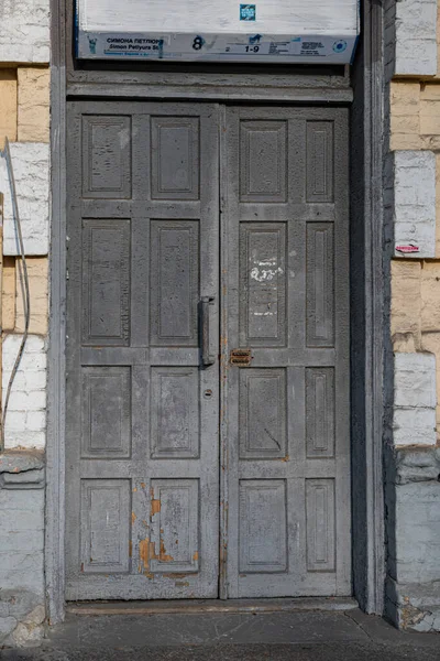 Грандиозная Двойная Дверь Деревянных Панелей Выветренной Поверхностью Пилинговой Краски Архитектурные — стоковое фото