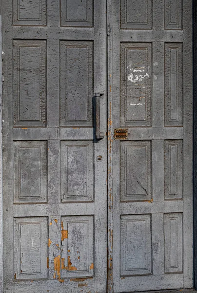 Puerta Doble Madera Gris Envejecida Paneles Enmarcados Con Superficie Descascarillado —  Fotos de Stock