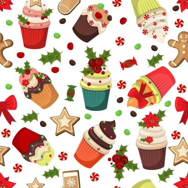 Christmas cupcakes muffins vector seamless pattern — Stock Vector