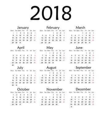 2018 yıl için basit takvim .