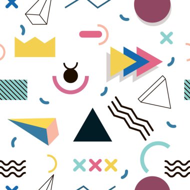 Memphis desen doku ve kartpostal için geometrik şekiller.