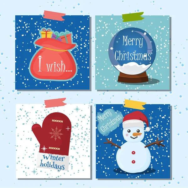 Frohe Weihnachten Grußkarte Set mit Schnee Hintergrund. — Stockvektor