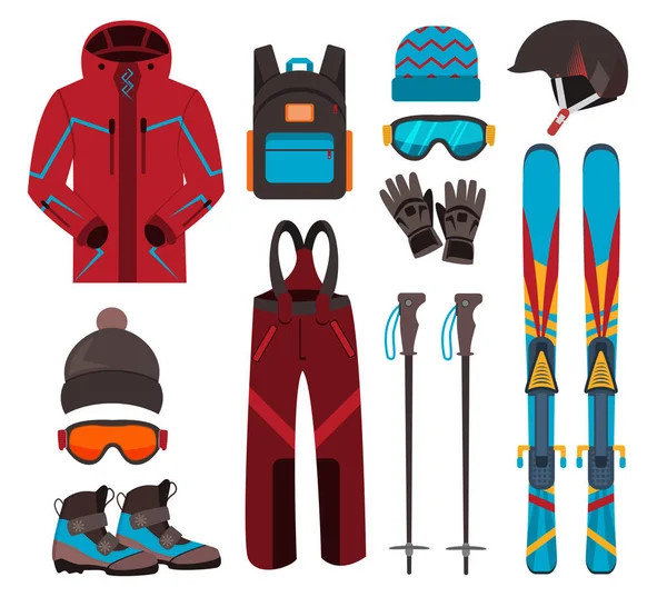 Wintersport uitrusting vector iconen. — Stockvector