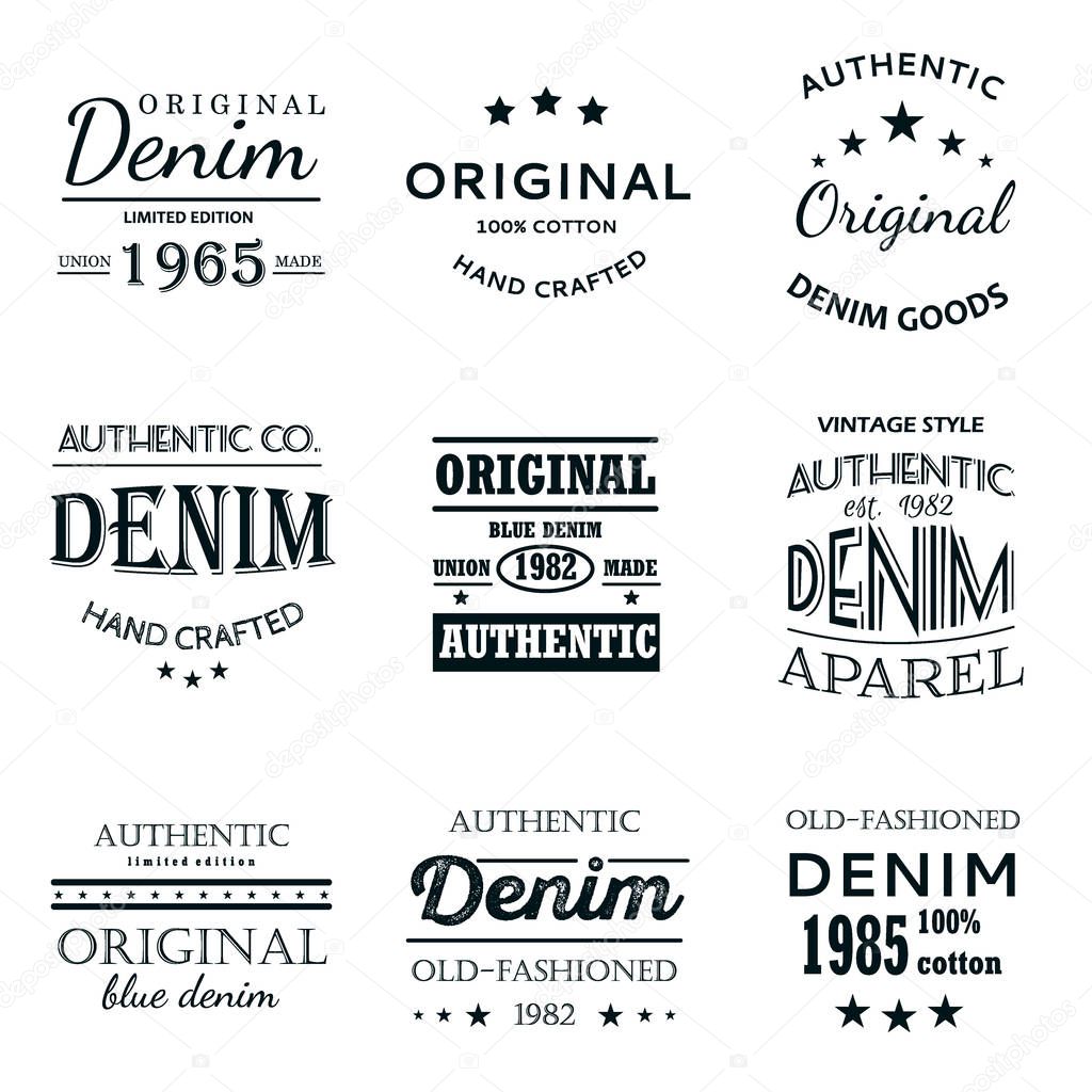 Classical denim jeans typography logo emblems limited edition graphic design icons collection abstract isolated vector. Clothing print graphic label typography denim logo. Authentic classic denim.