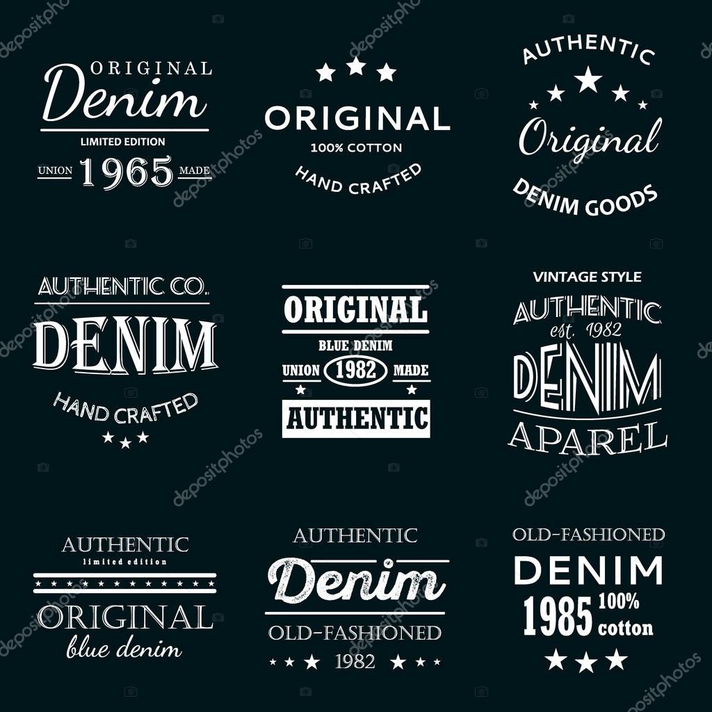 Classical denim jeans typography logo emblems limited edition graphic design icons collection abstract isolated vector. Clothing print graphic label typography denim logo. Authentic classic denim.