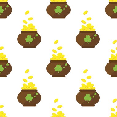 Altın dört yapraklı yonca vektör çizim bir pot ile Seamless Modeli.