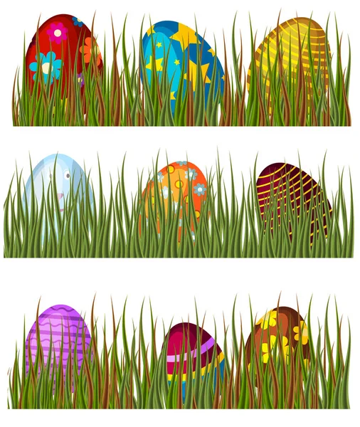 Huevos de Pascua en hierba verde primavera colorida celebración decoración vacaciones vector iconos . — Vector de stock
