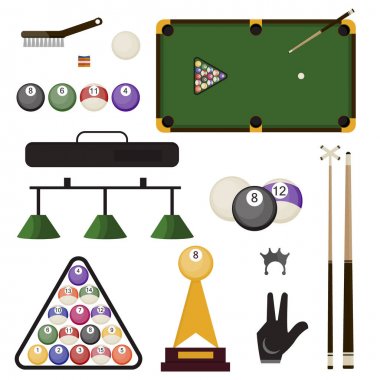 Bilardo aksesuarlar simgeler kümesi snooker işaret spor ekipmanları vektör çizim.