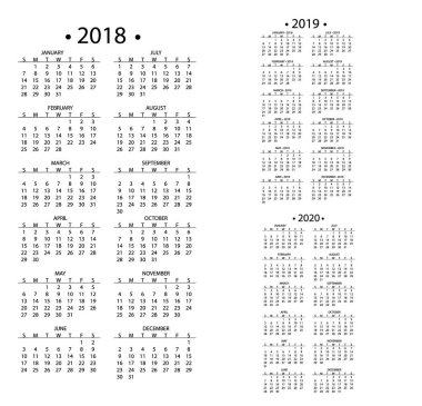 2018 ve 2019, 2020 yıl şablon tarihi gün ay iş Organizatör planlayıcısı vektör tasarlamak için basit takvim.
