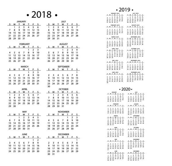 2018 ve 2019, 2020 yıl şablon tarihi gün ay iş Organizatör planlayıcısı vektör tasarlamak için basit takvim.