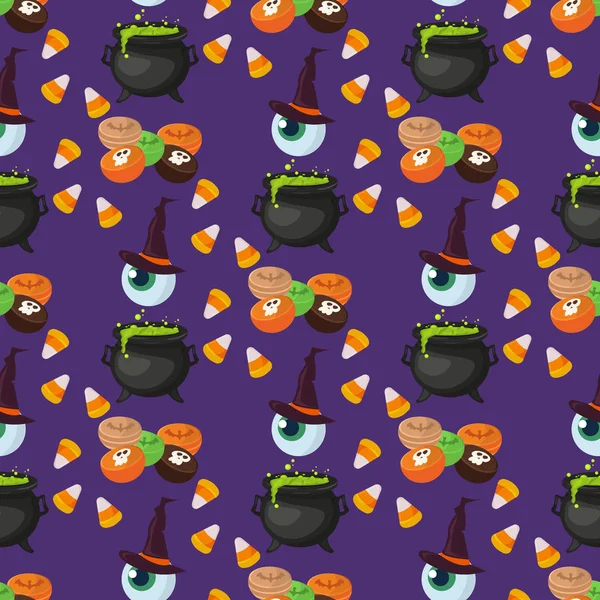 Halloween patrón sin costuras vector fondo vacaciones horror fondo de pantalla de dibujos animados espeluznante decoración de otoño ilustración . — Vector de stock