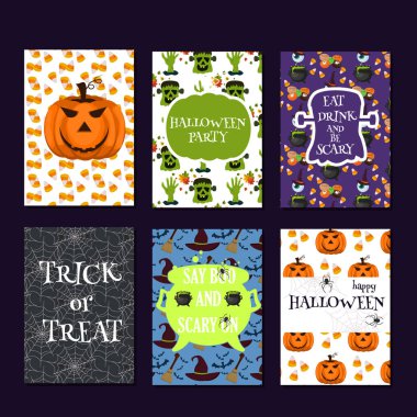 Cadılar Bayramı partisi kartları kabak hayalet tatil koleksiyonu vektör çizim.